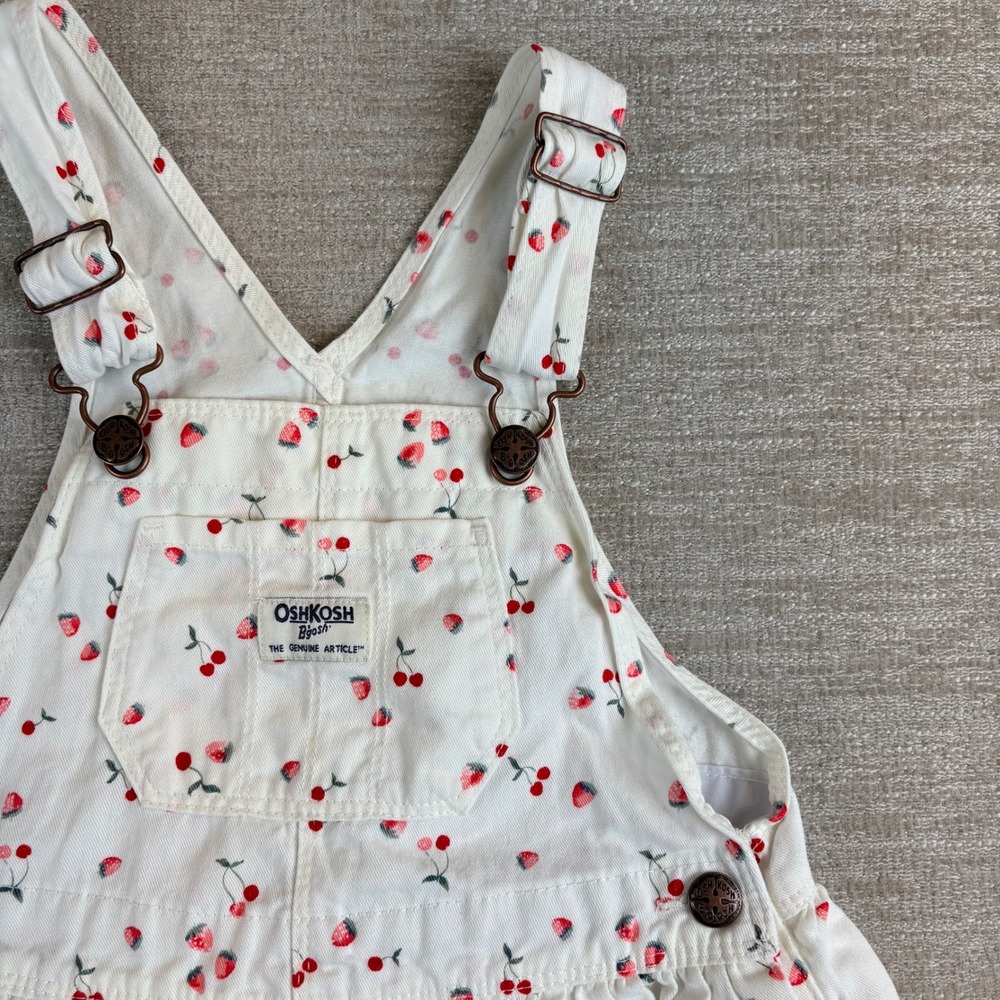 OshKosh B'gosh Vestbak Overall Dress Toddler 4T White Strawberry Cherry EUC